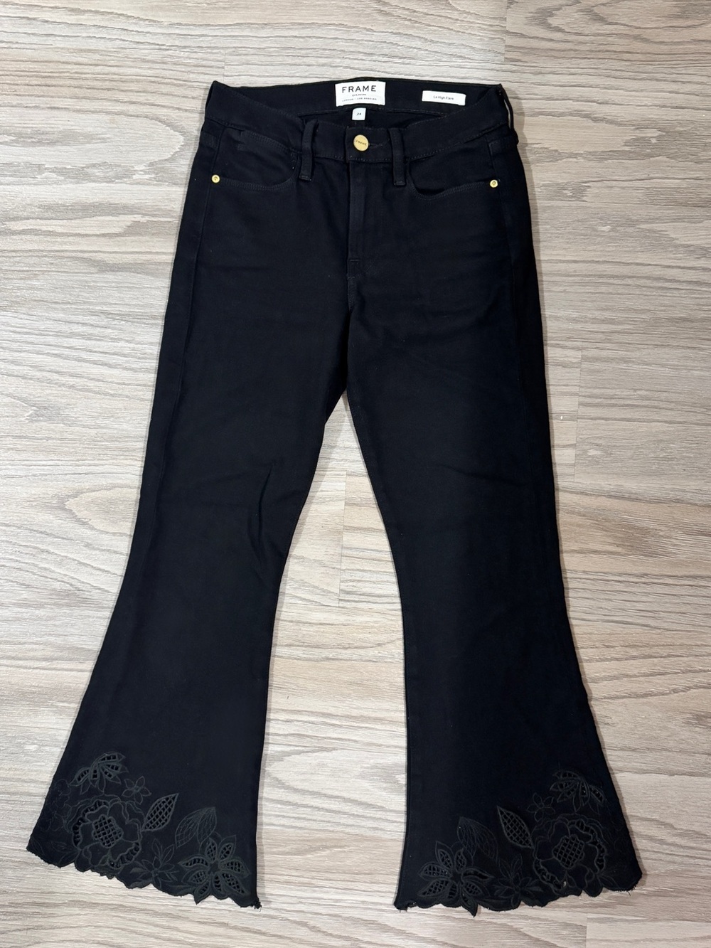 FRAME Le High Flare Black Jeans Floral Lace Hem Boho Y2K Size 24